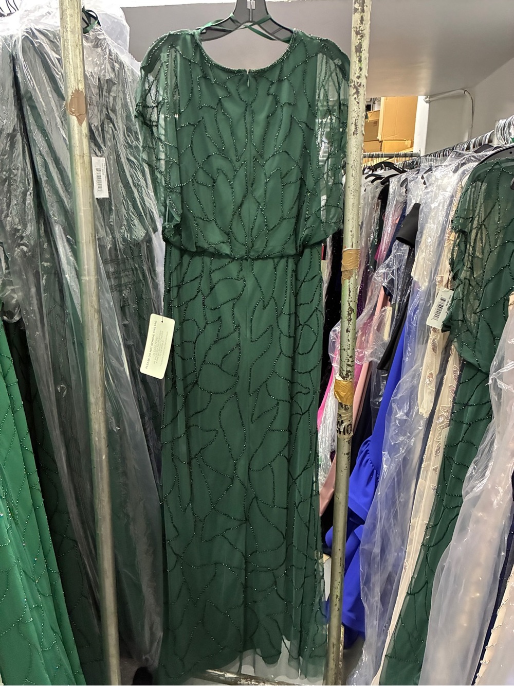 Adrianna Papell Dark Green Beaded Flutter Sleeve Gown NWT SZ 14 Formal MOB GALA - Picture 13 of 13